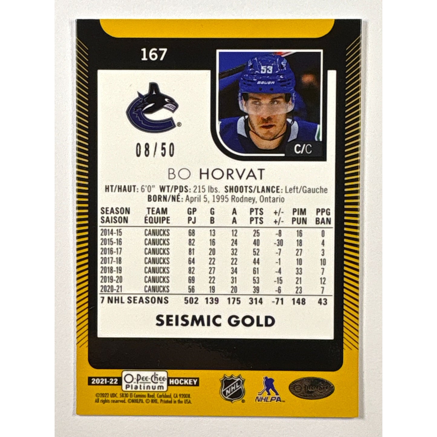 2021-22 O-Pee-Chee Platinum Bo Horvat Seismic Gold 08/50 | Local Legends Cards & Collectibles