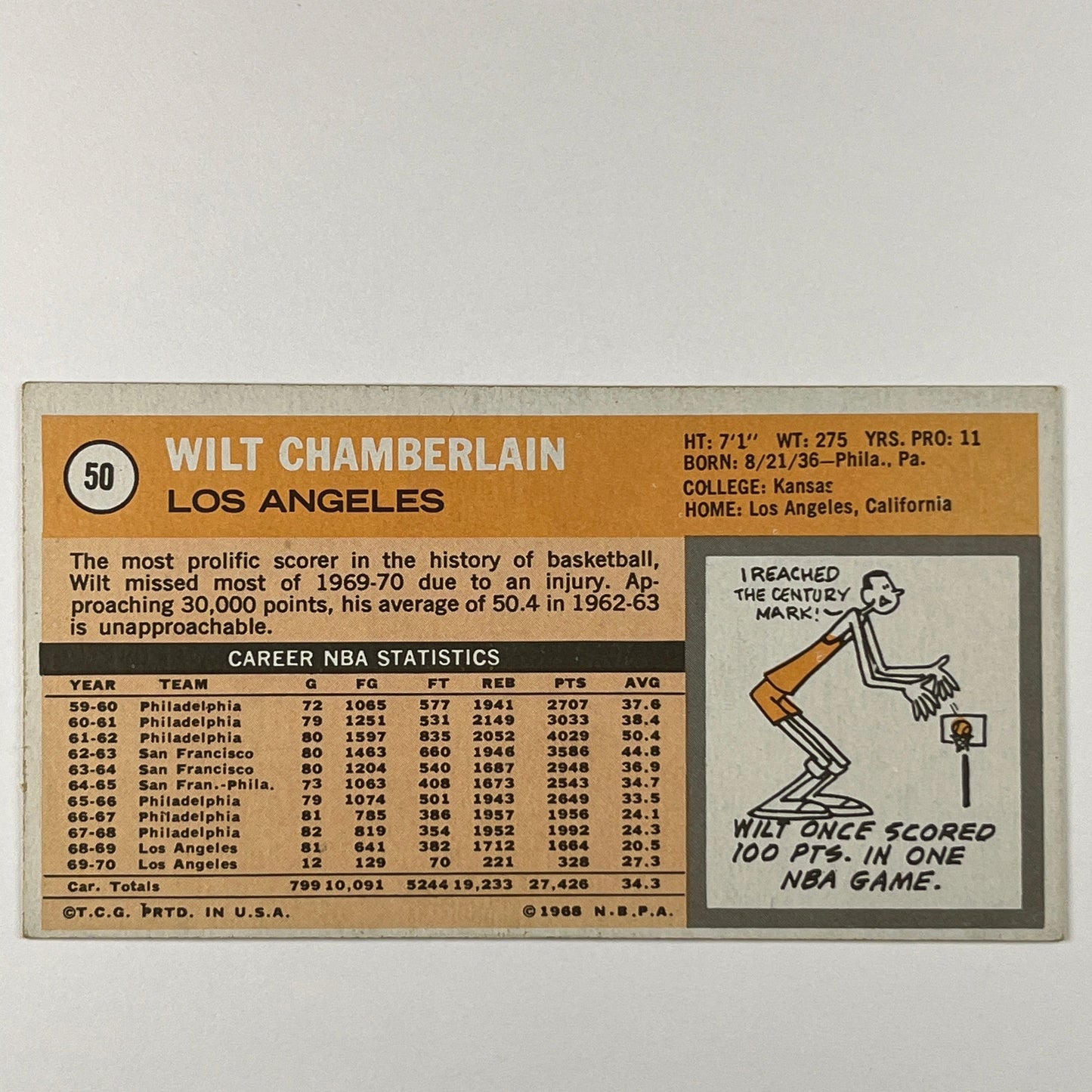 1970-71 Topps Wilt Chamberlain #50 | Local Legends Cards & Collectibles