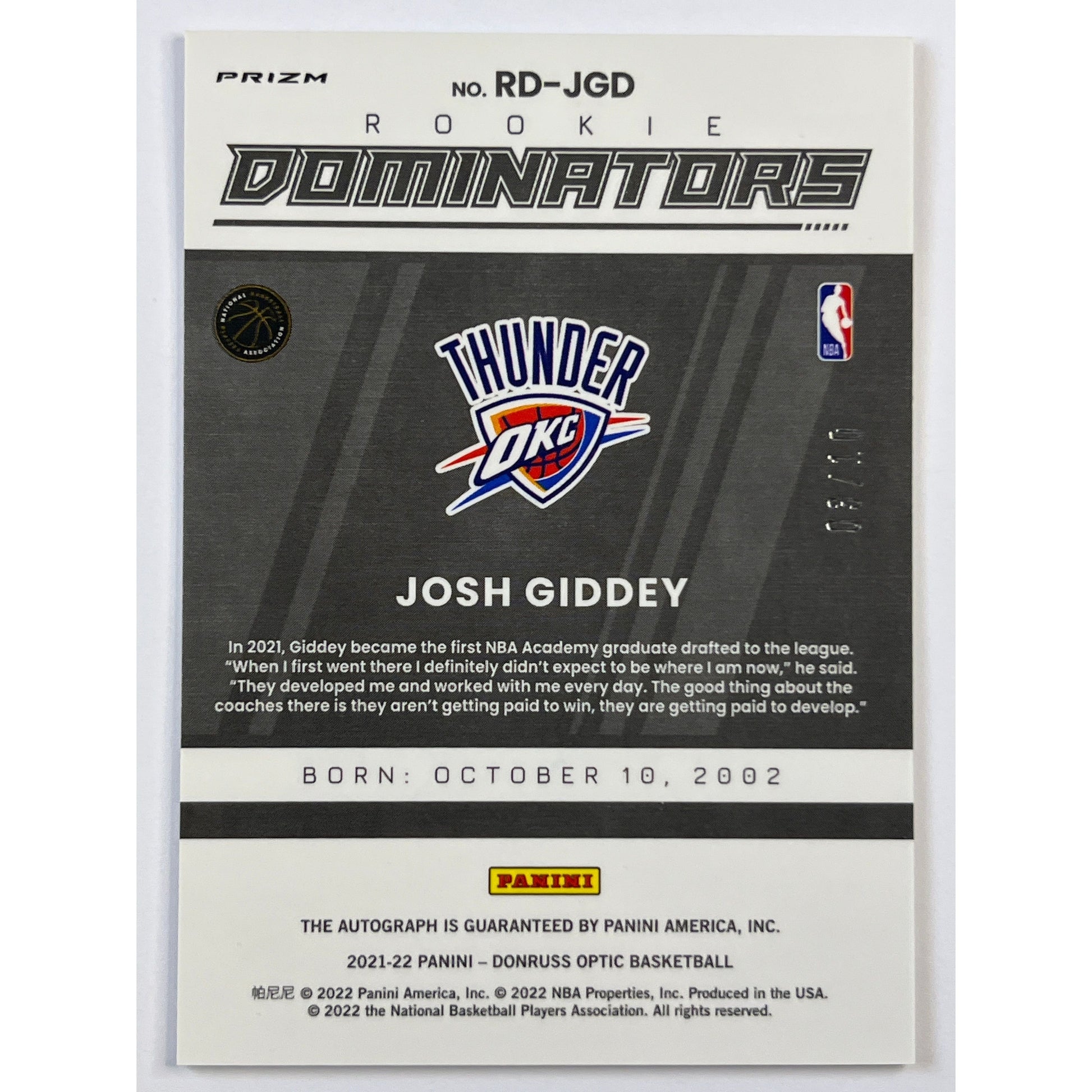 2021-22 Donruss Optic Josh Giddey Rookie Dominators Gold Holo Rookie Auto /10 | Local Legends Cards & Collectibles