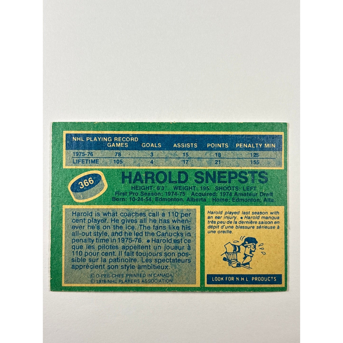 1976-77 O-Pee-Chee Harold Snepts 2nd Year #366 | Local Legends Cards & Collectibles
