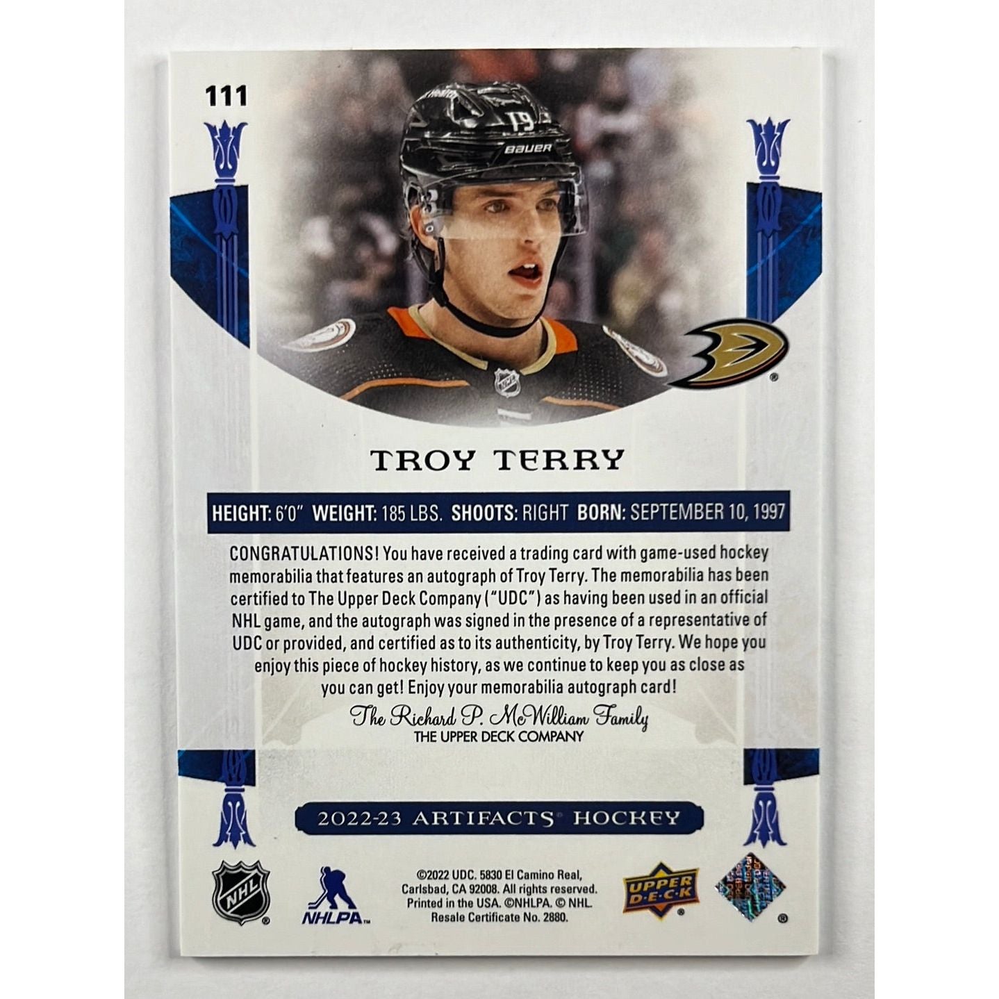 2022-23 Artifacts Troy Terry Dual Patch Auto /25
