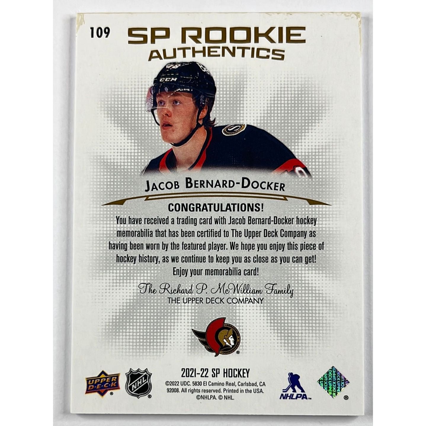 2021-22 SP Jacob Bernard-Docker Rookie Authentics | Local Legends Cards & Collectibles
