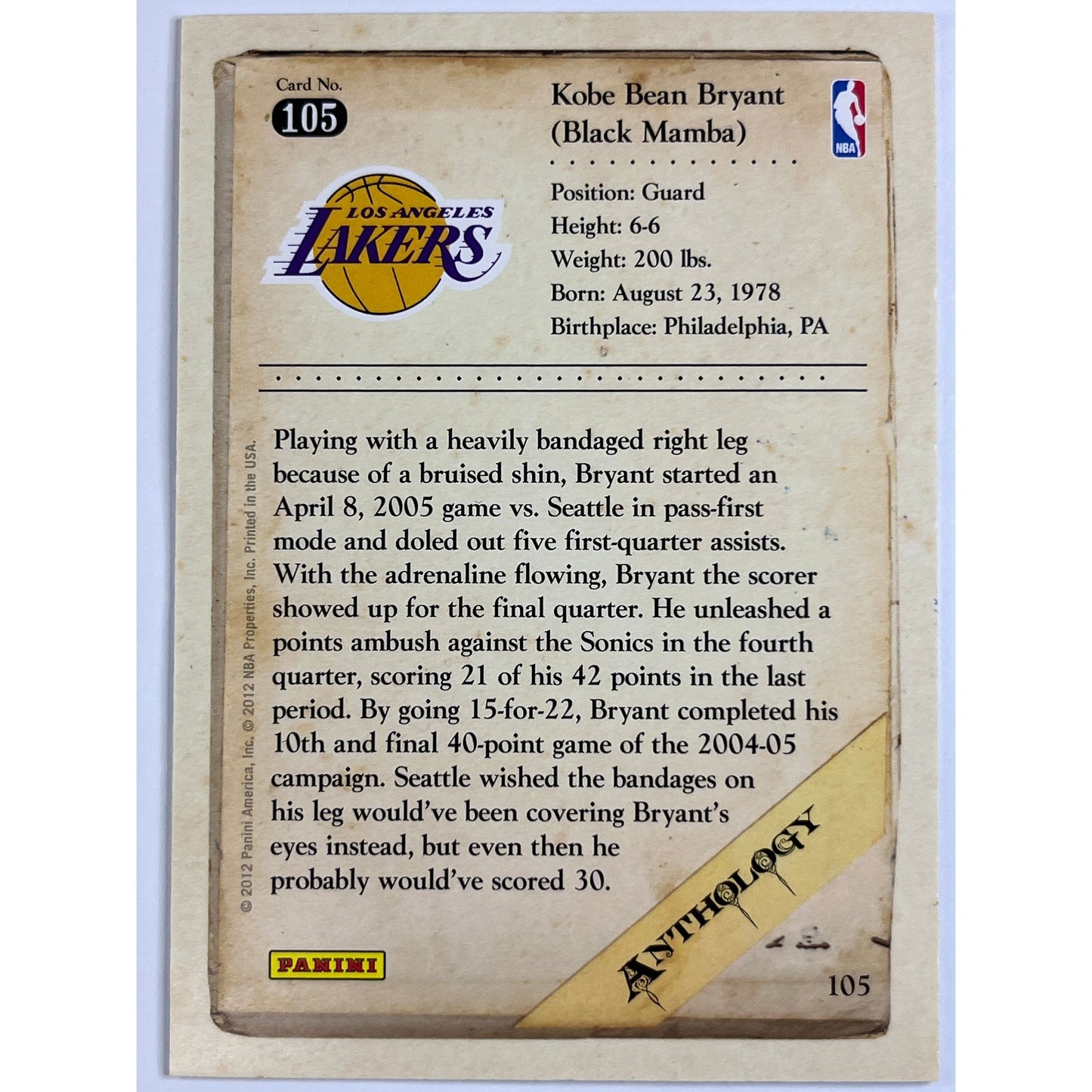 2012 Panini Anthology Kobe Bryant #35