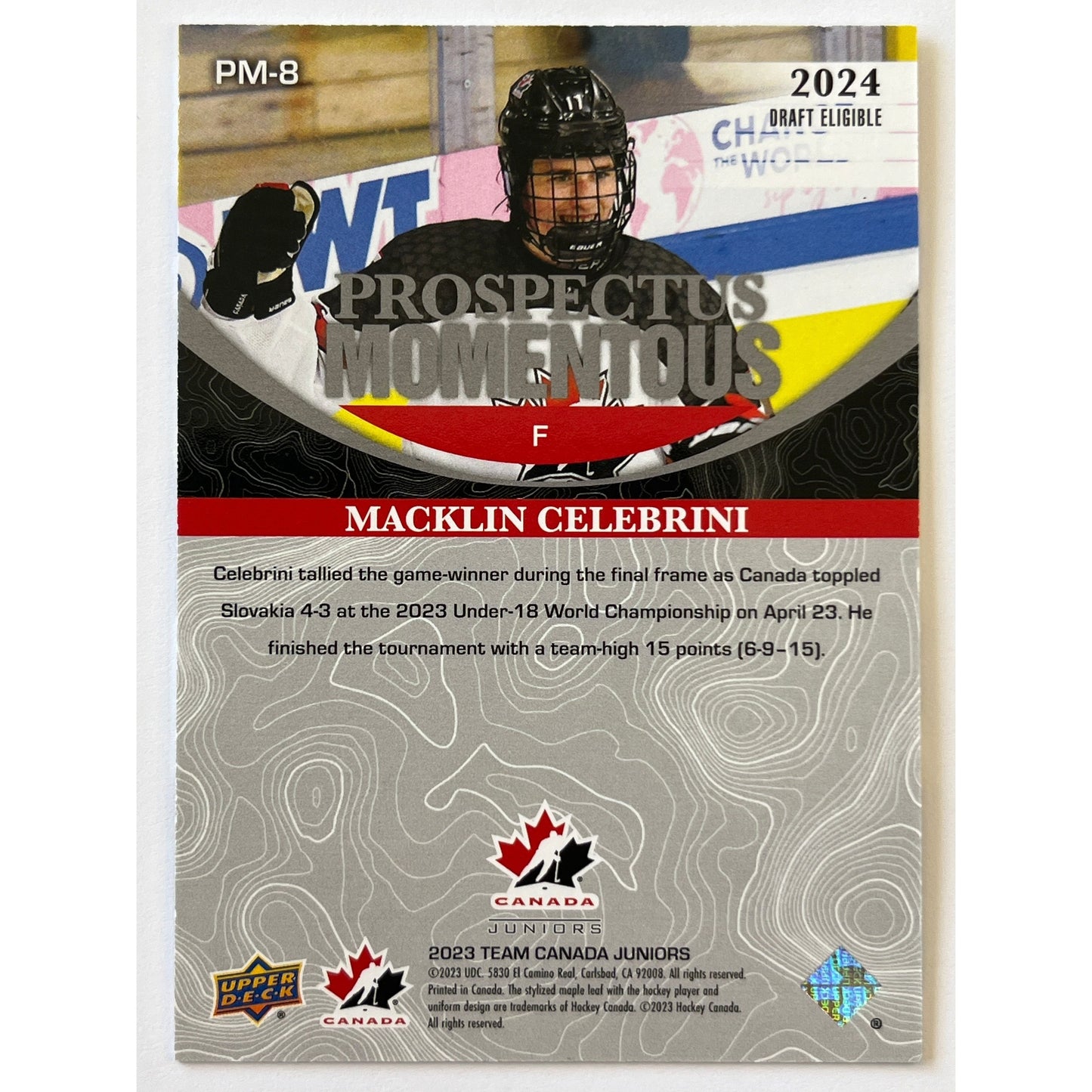 2023 Team Canada Juniors Macklin Celebrini Prospectus Momentous Red Foil /549 | Local Legends Cards & Collectibles