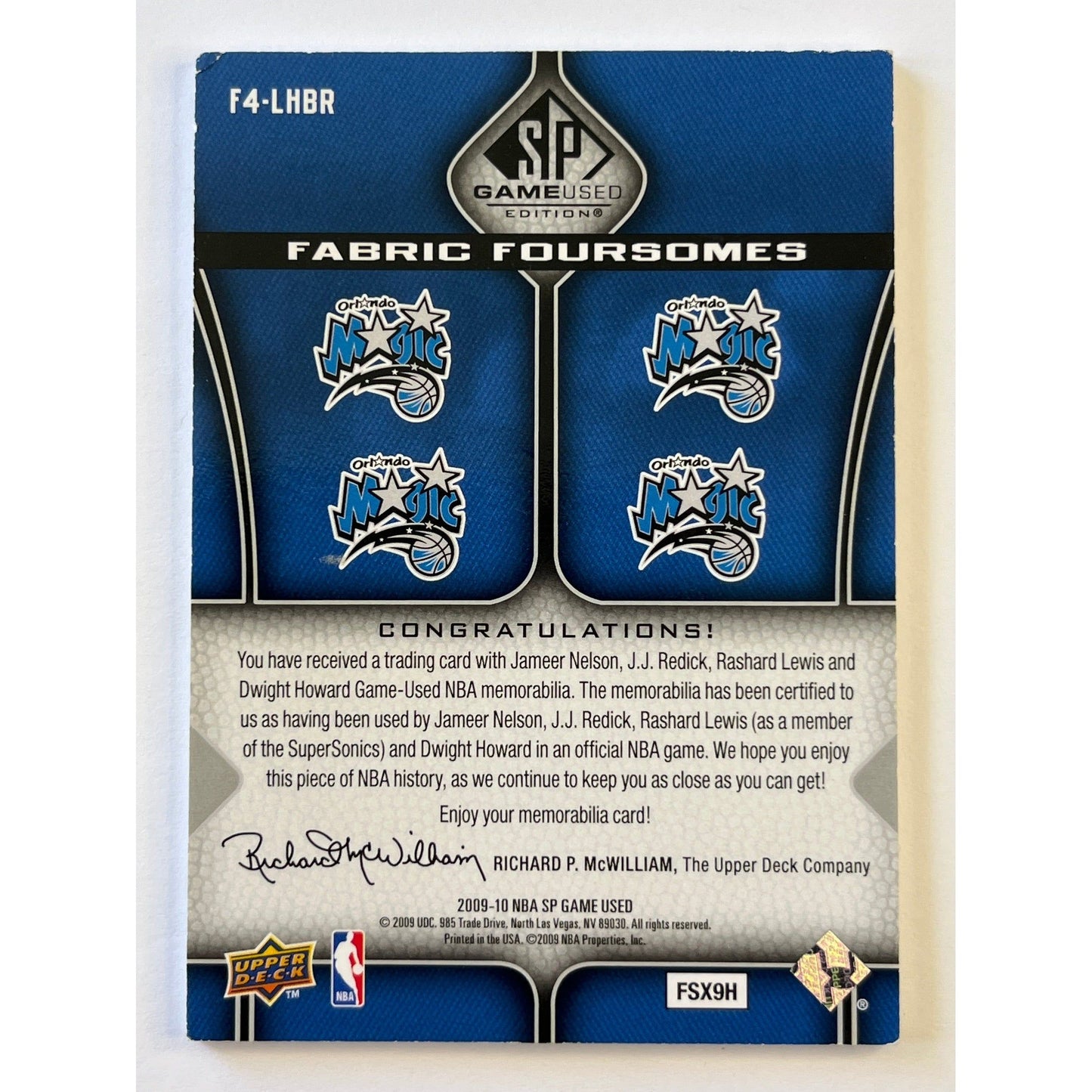 2009-10 SP Game Used Jameer Nelson / J.J. Redick / Rashad Lewis / Dwight Howard Fabric Foursomes /50