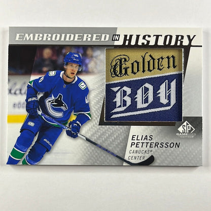 2021-22 SP Game Used Elias Pettersson “Golden Boy” Embroidered In History