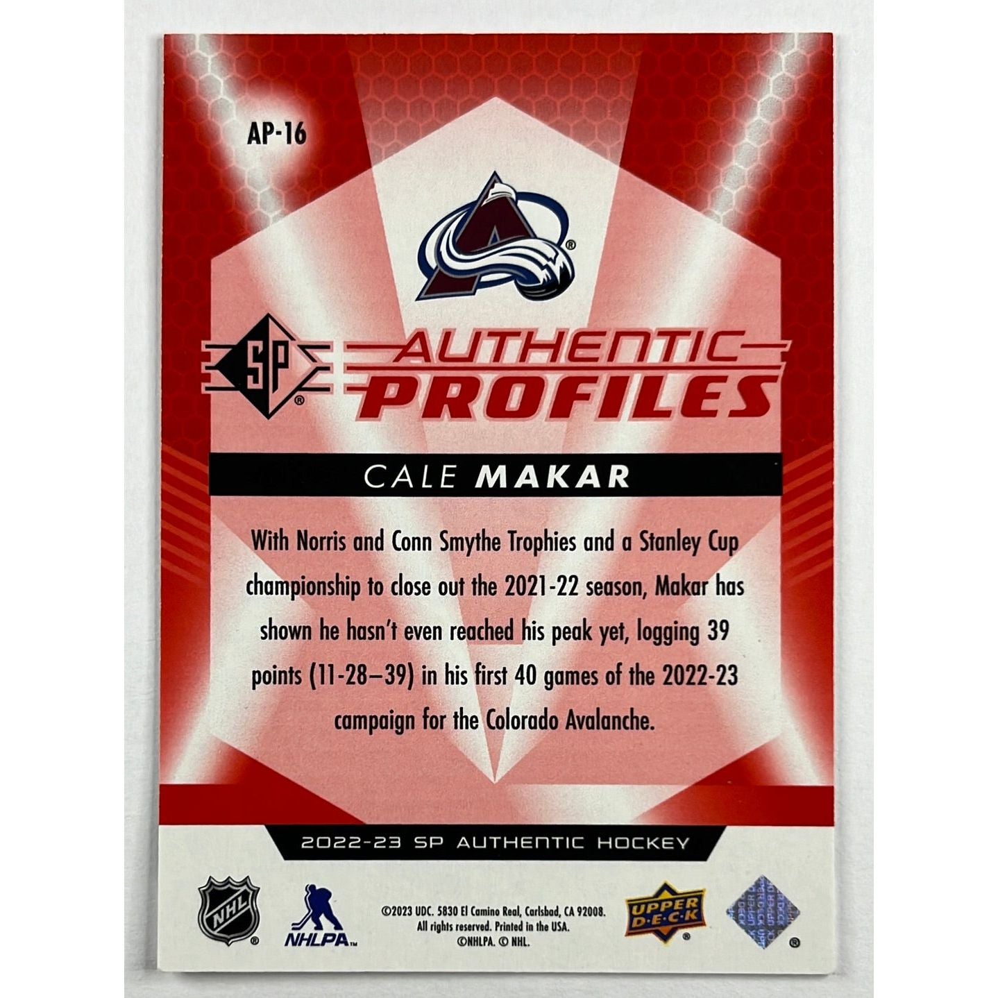 2022-23 SP Authentic Cale Makar Authentic Profiles Red /149