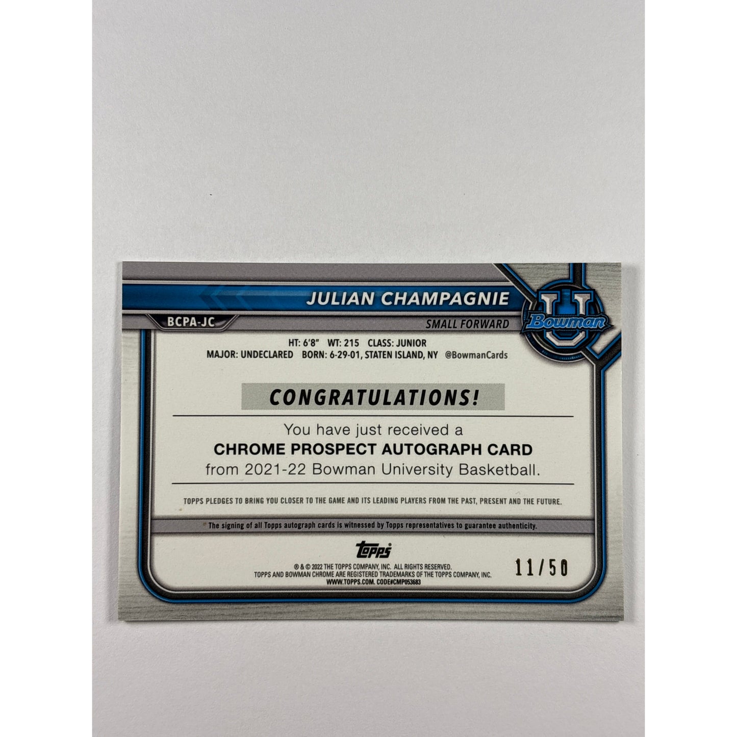 2022 Topps Bowman University Julian Champagnie 1st Bowman Gold Refractor Auto /50 | Local Legends Cards & Collectibles