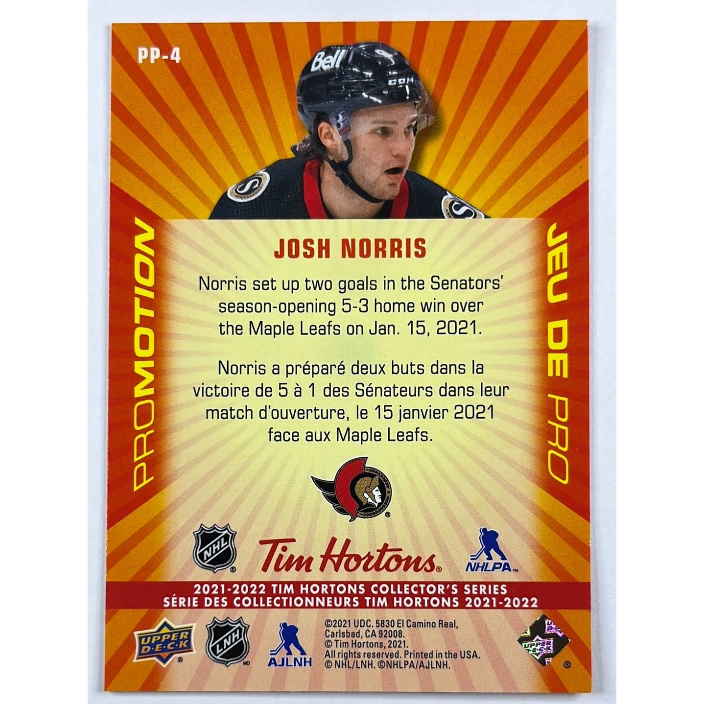 2021-22 Tim Hortons Josh Norris ProMotion | Local Legends Cards & Collectibles
