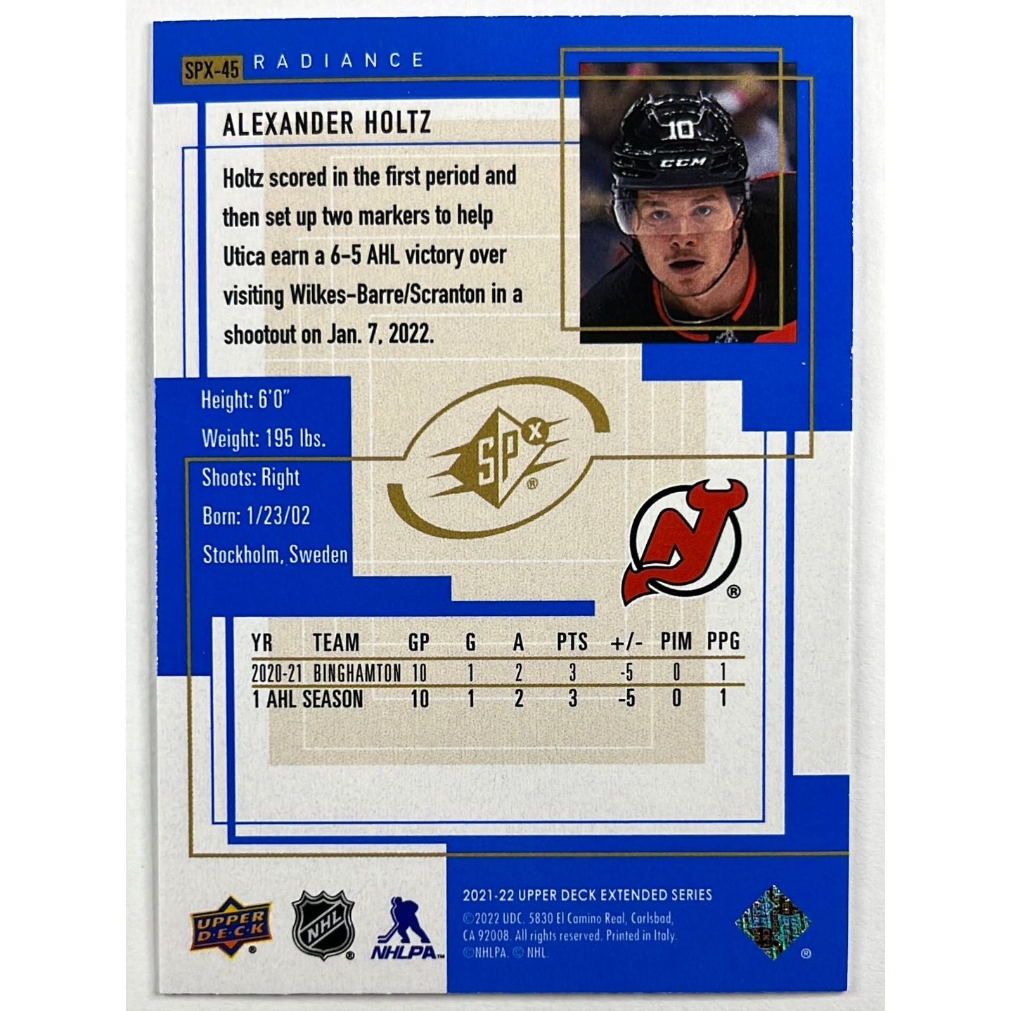 2022-23 Extended Series Alexander Holtz SPX Blue Radiance RC /100 | Local Legends Cards & Collectibles