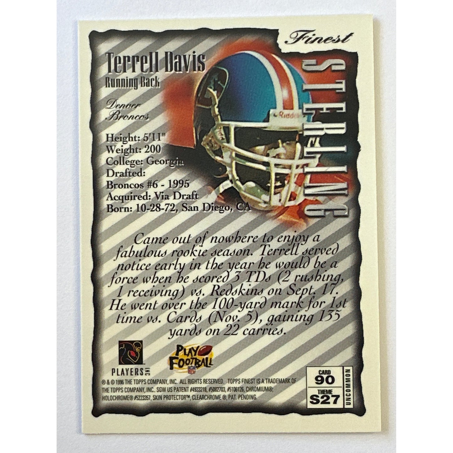 1996 Topps Finest Terrel Davis Finest Sterling Unpeeled