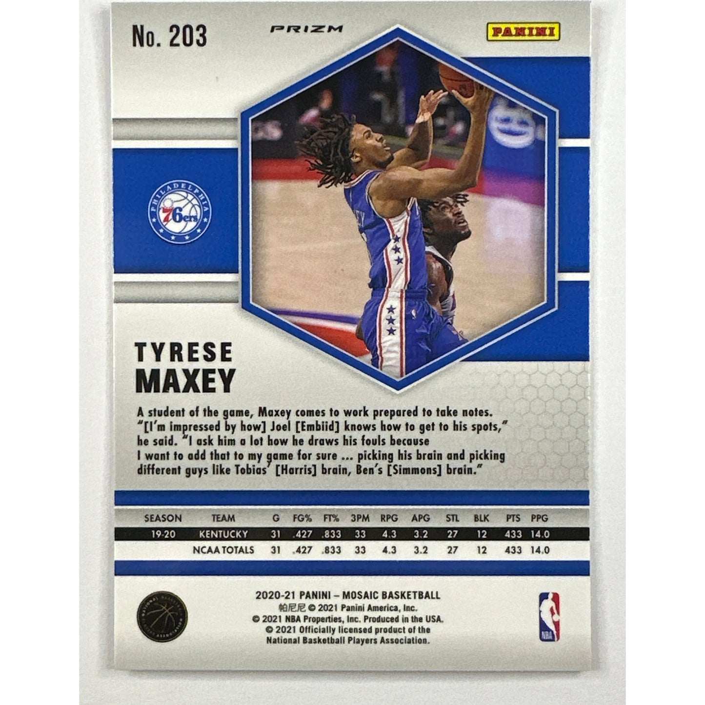 2020-21 Mosaic Tyrese Maxey Orange Reactive Prizm RC