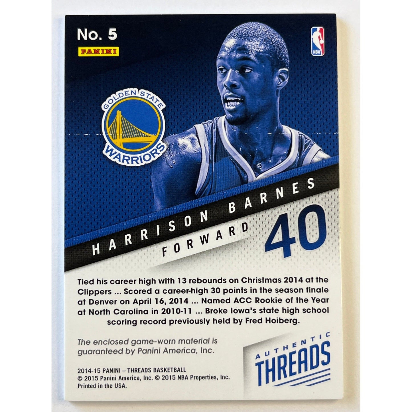 2014-15 Panini Threads Harrison Barnes Authentic Threads /199