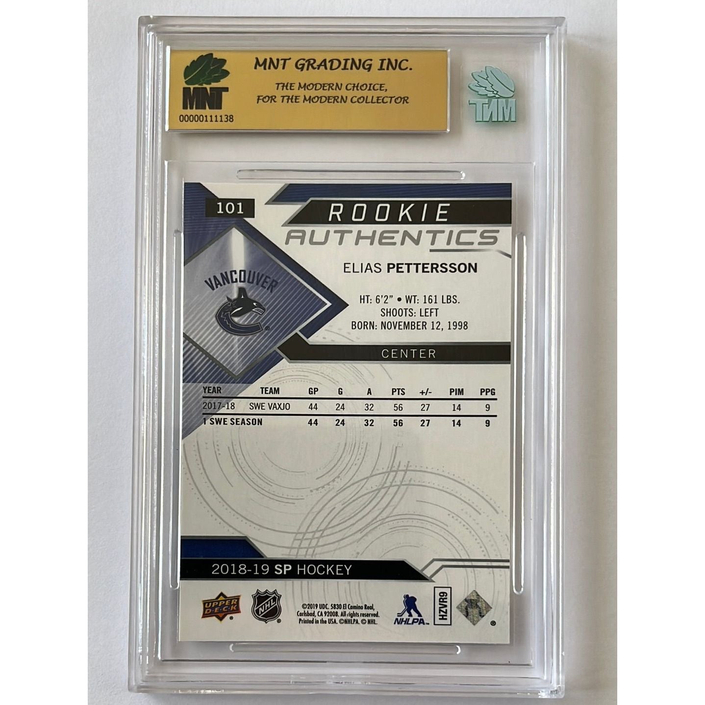 2018-19 SP Elias Pettersson Rookie Authentics Blue MNT 9 MINT | Local Legends Cards & Collectibles