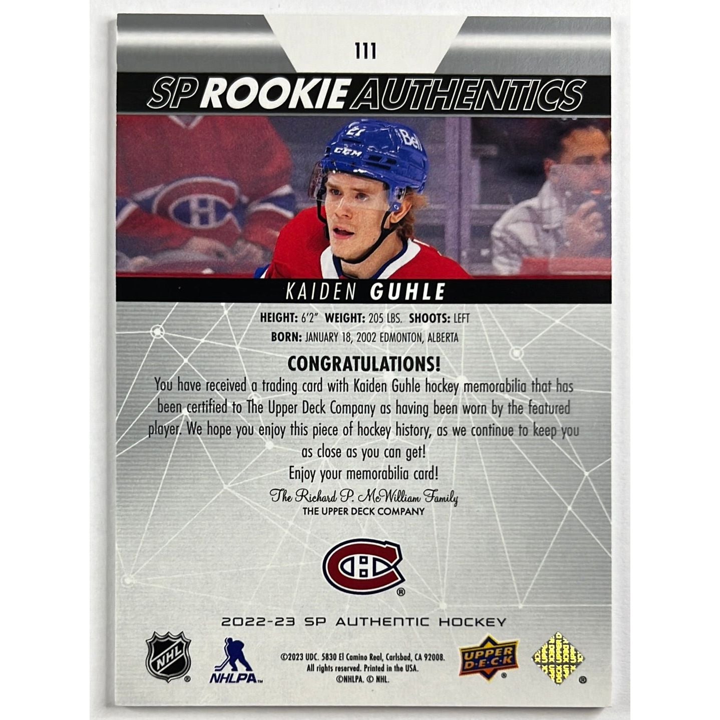 2022-23 SP Authentic Kaiden Guhle Rookie Authentics | Local Legends Cards & Collectibles