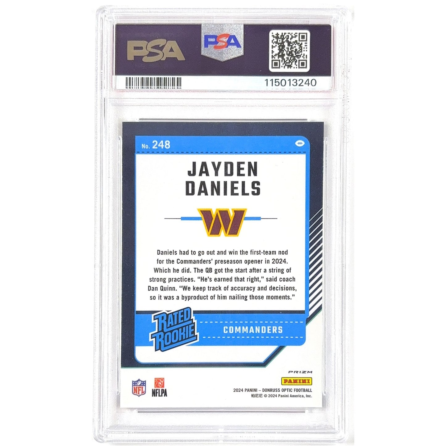 2024 Donruss Optic Jayden Daniels Purple Shock Prizm RC PSA 8 NEAR MINT - MINT | Local Legends Cards & Collectibles