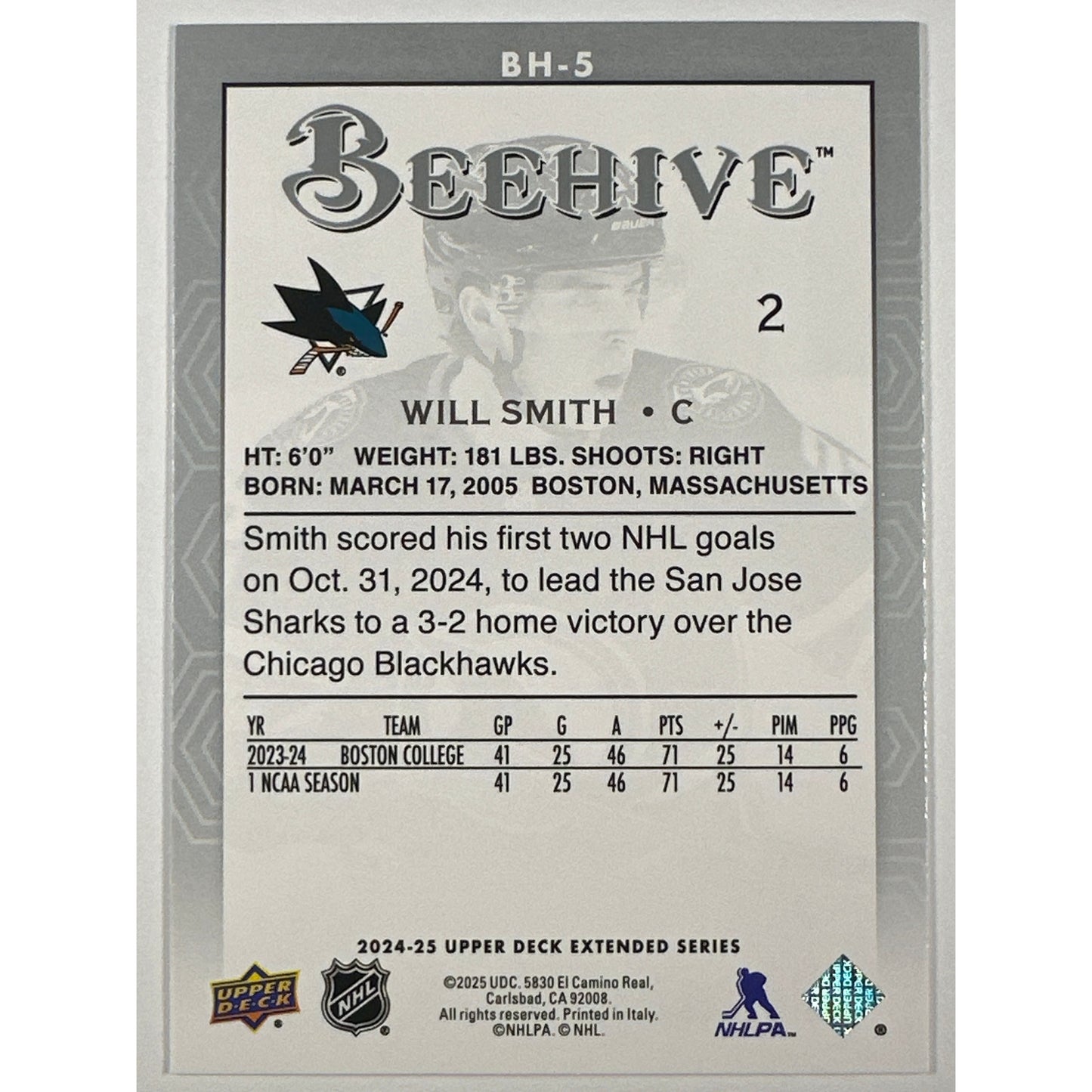 2024-25 Upper Deck Extended Will Smith Bee Hive RC