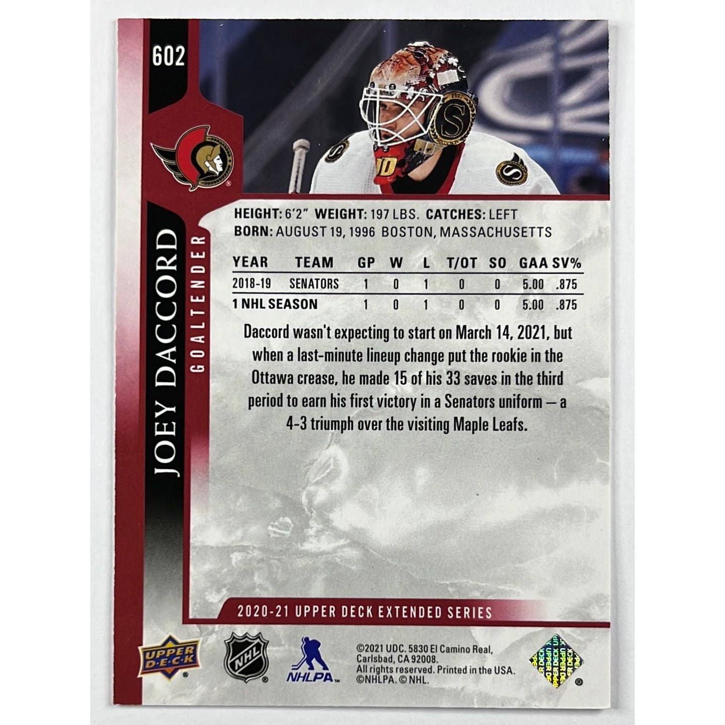 2020-21 Extended Series Joey Daccord UD Exclusives /100 | Local Legends Cards & Collectibles