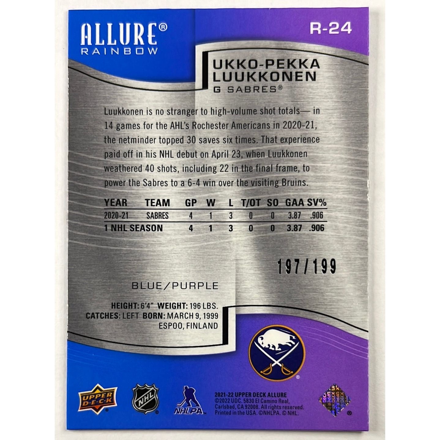 2021-22 Allure Ukko-Pekka Luukkonen Blue/Purple Rainbow Rookie /199