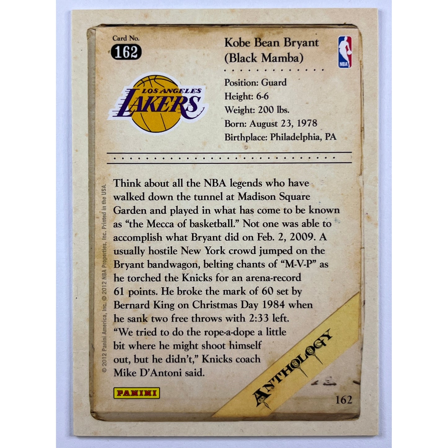 2012 Panini Anthology Kobe Bryant 162 | Local Legends Cards & Collectibles
