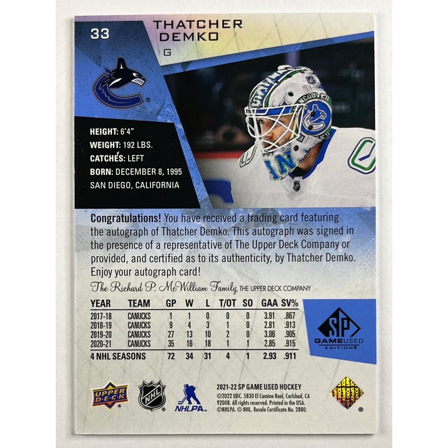 2021-22 SP Game Used Thatcher Demko Auto | Local Legends Cards & Collectibles