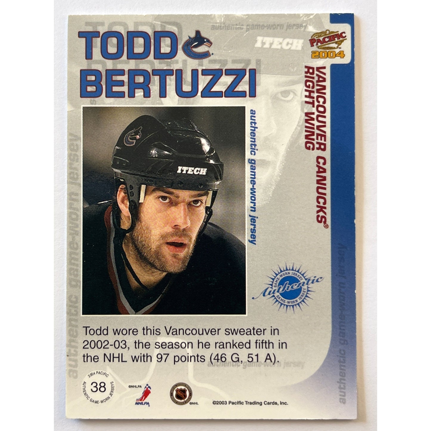2003-04 Pacific Todd Bertuzzi Game Worn Jersey | Local Legends Cards & Collectibles