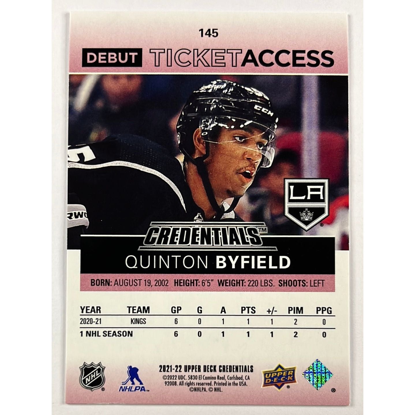 2021-22 Upper Deck Credentials Quinton Byfield Debut Ticket Access /199 | Local Legends Cards & Collectibles