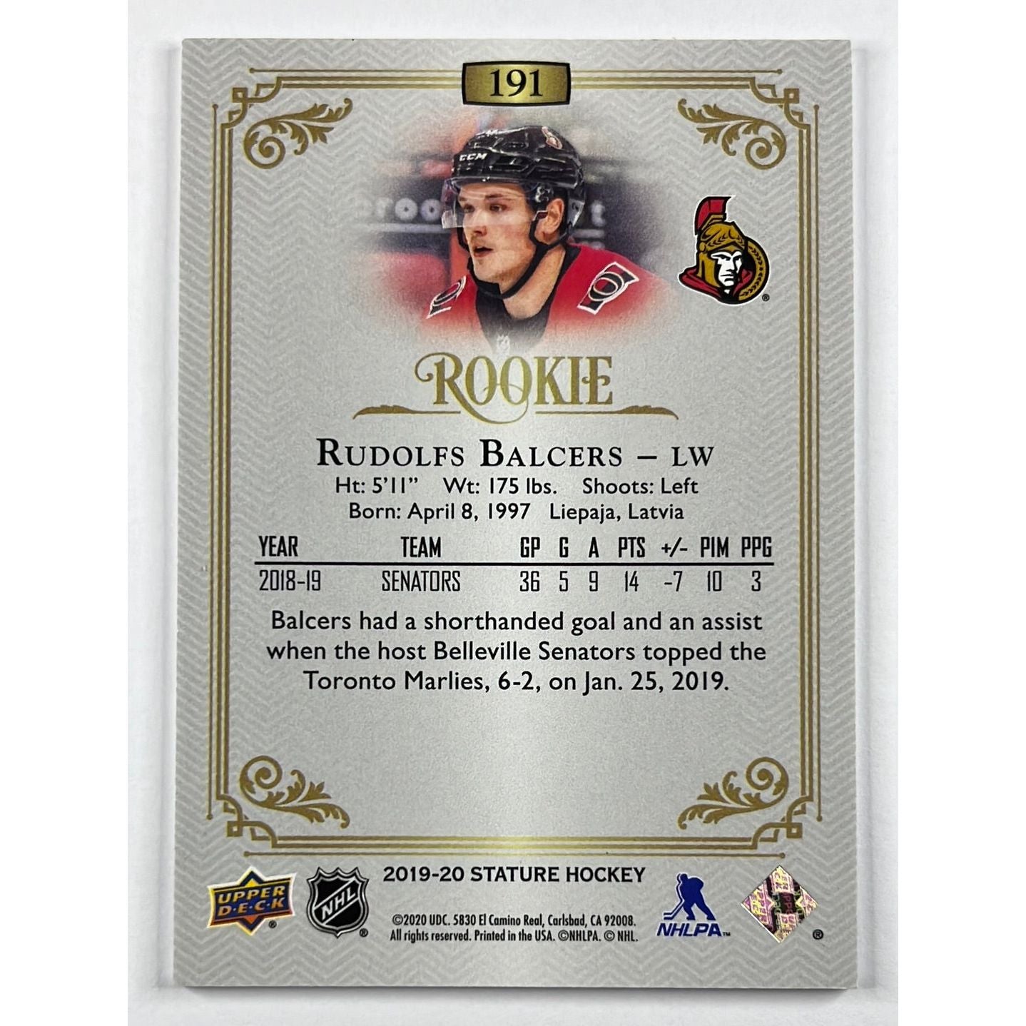2019-20 Stature Rudolfs Balcers Rookie /399 | Local Legends Cards & Collectibles