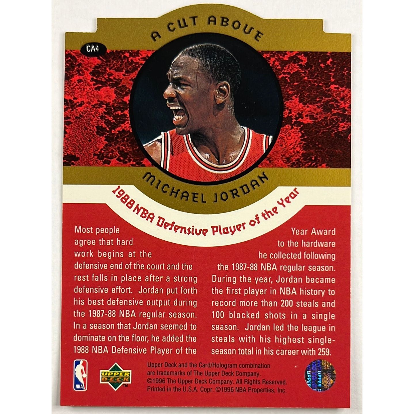 1995-96 Upper Deck Michael Jordan The Jordan Years 1988 Defensive Player of the Year A Cut Above Die Cut