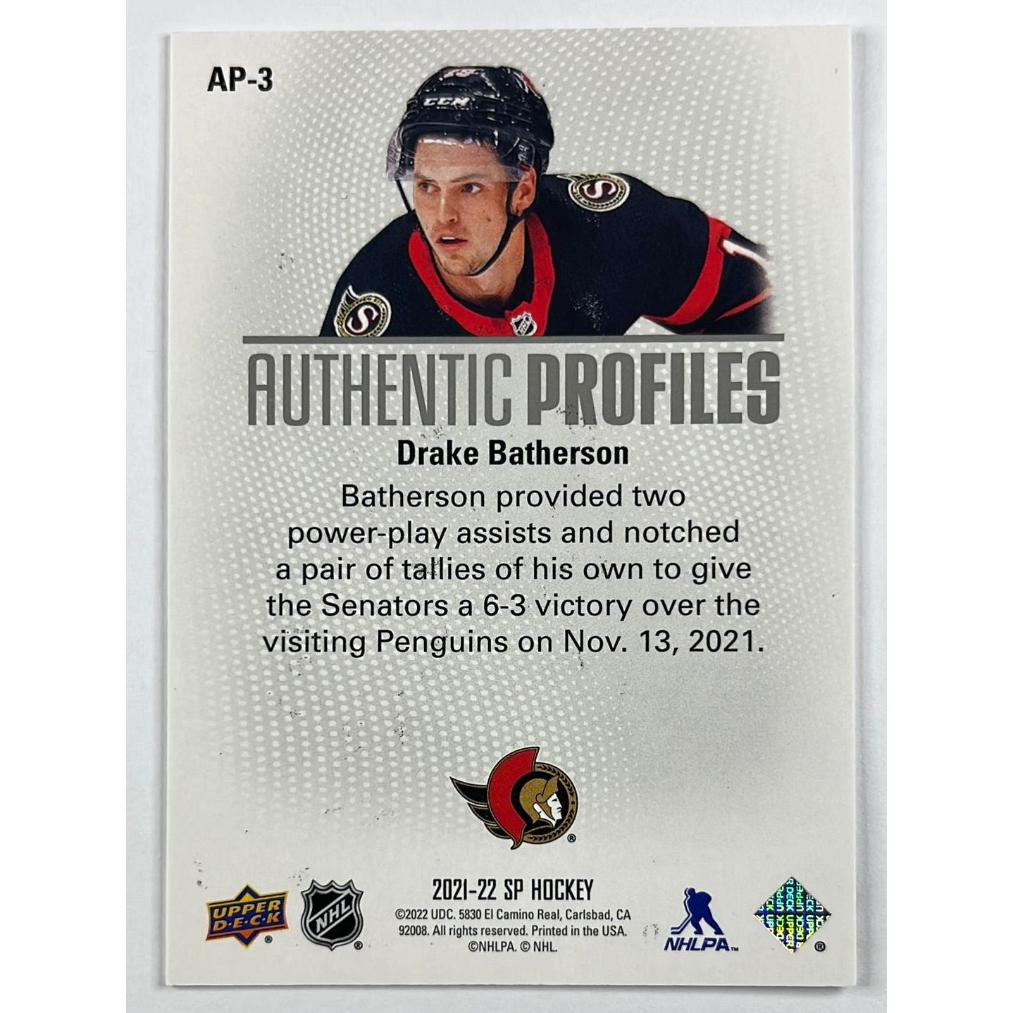 2021-22 SP Drake Batherson Authentic Profiles /1199 | Local Legends Cards & Collectibles