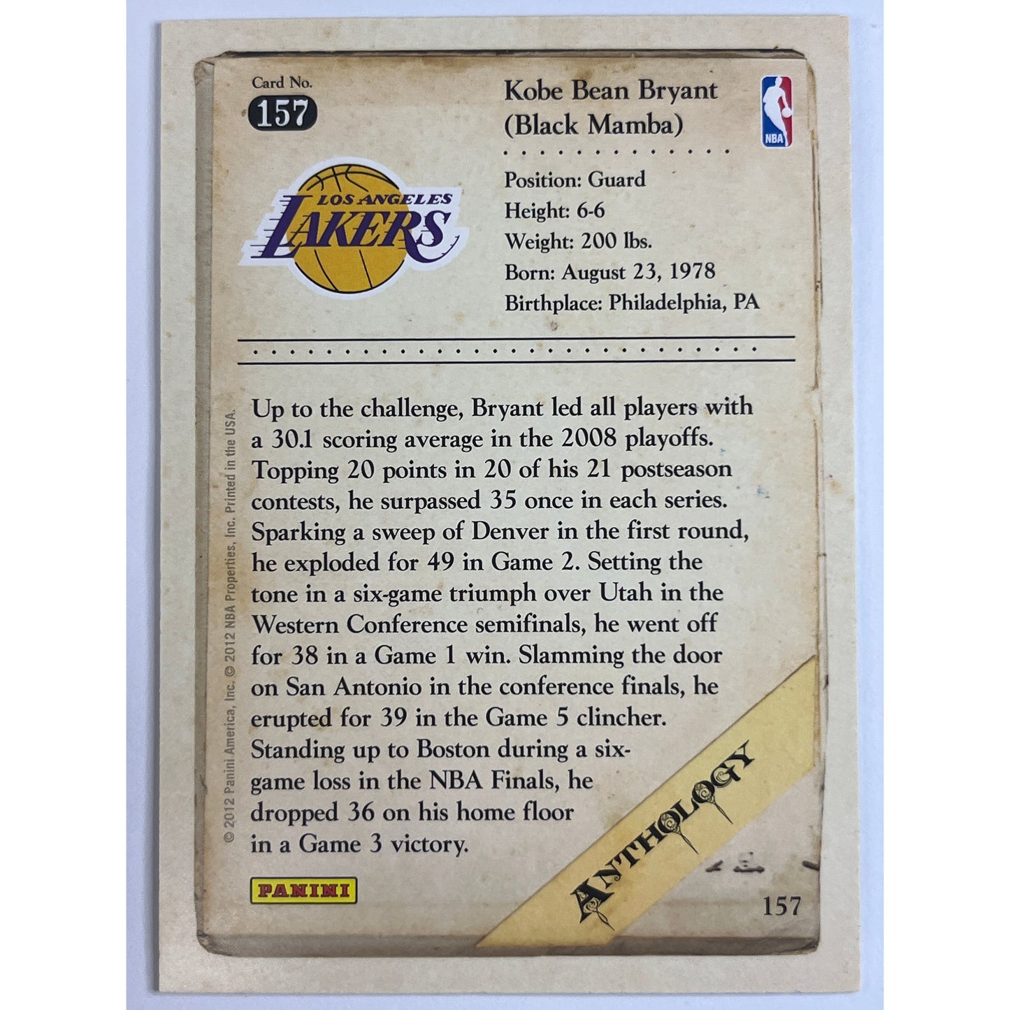 2012 Panini Anthology Kobe Bryant #157