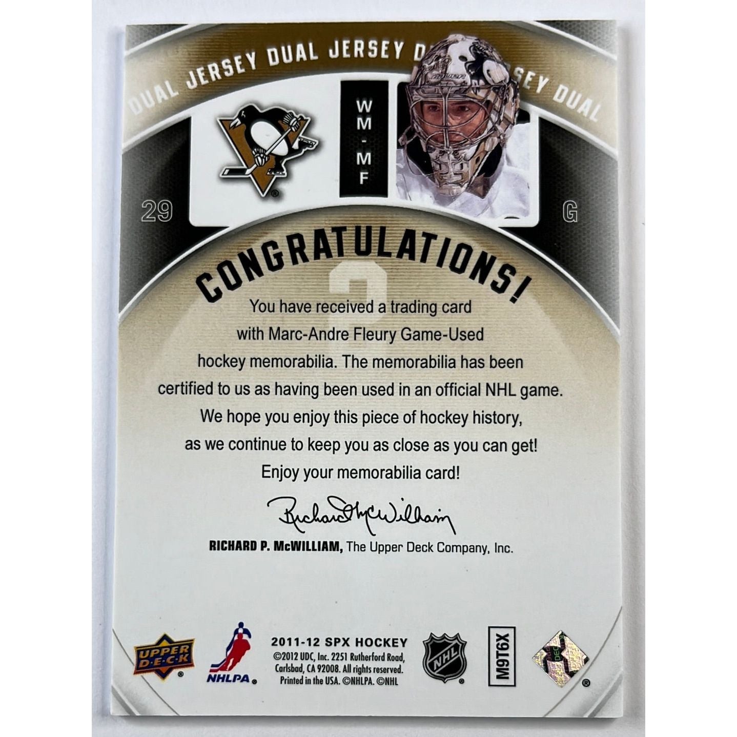 2011-12 SPX Marc Andre Fleury Winning Materials Game Used Dual Jersey Patch | Local Legends Cards & Collectibles