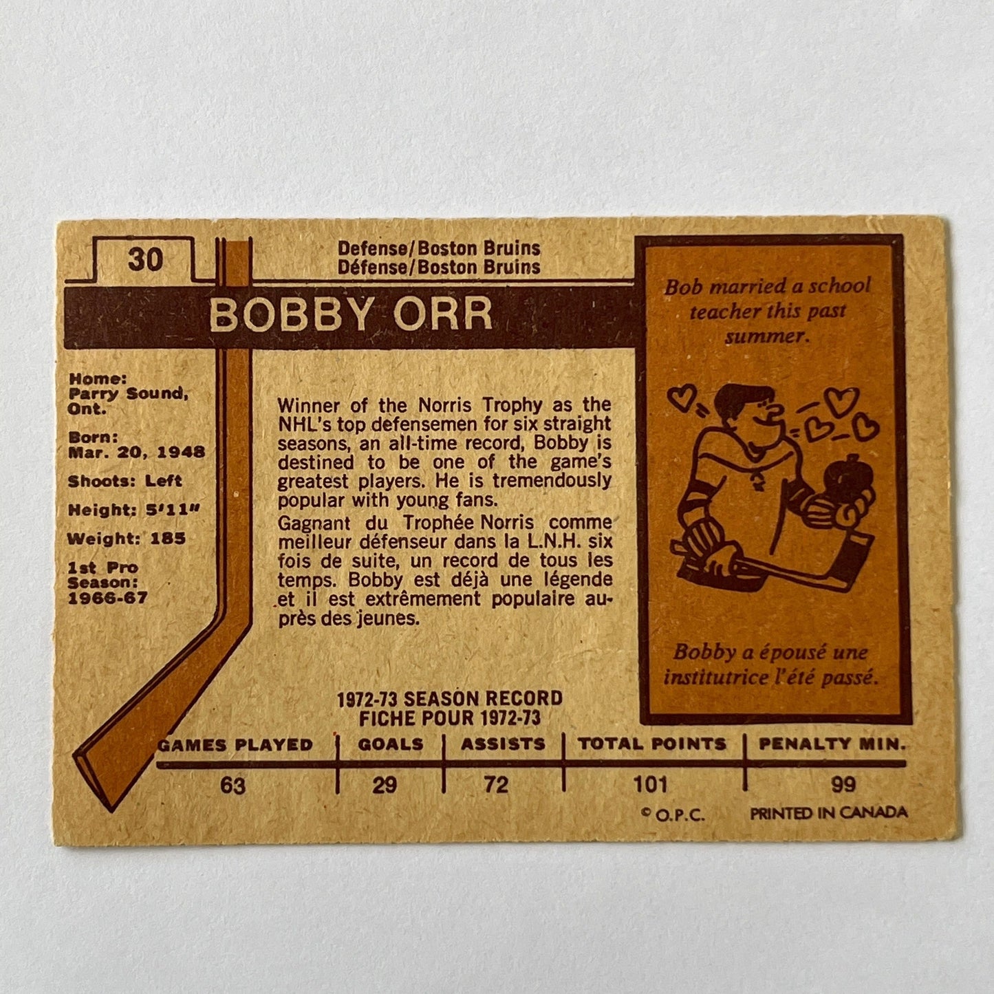 1973-74 O-Pee-Chee Bobby Orr AS #30 | Local Legends Cards & Collectibles