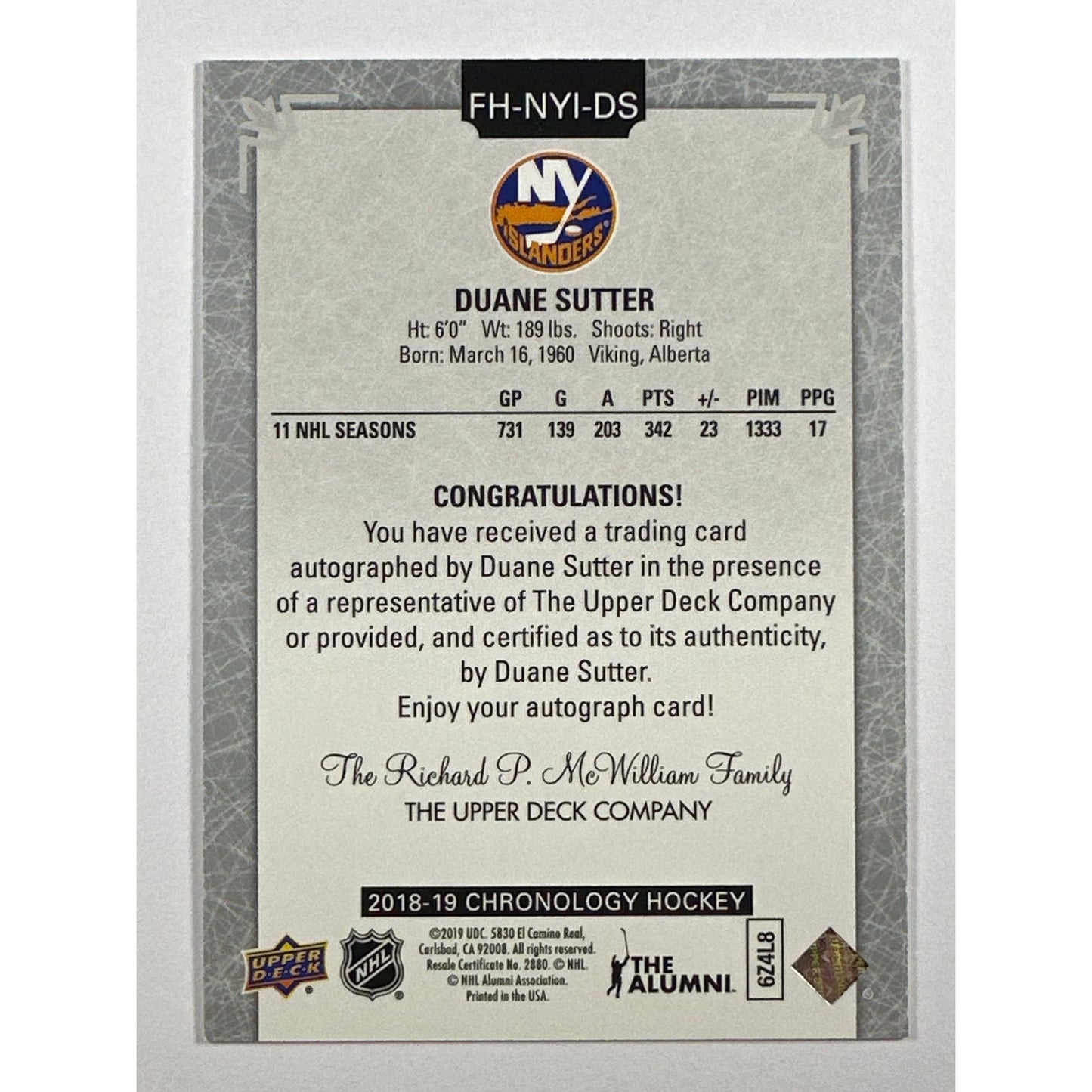 2018-19 Chronology Duane Sutter Autograph