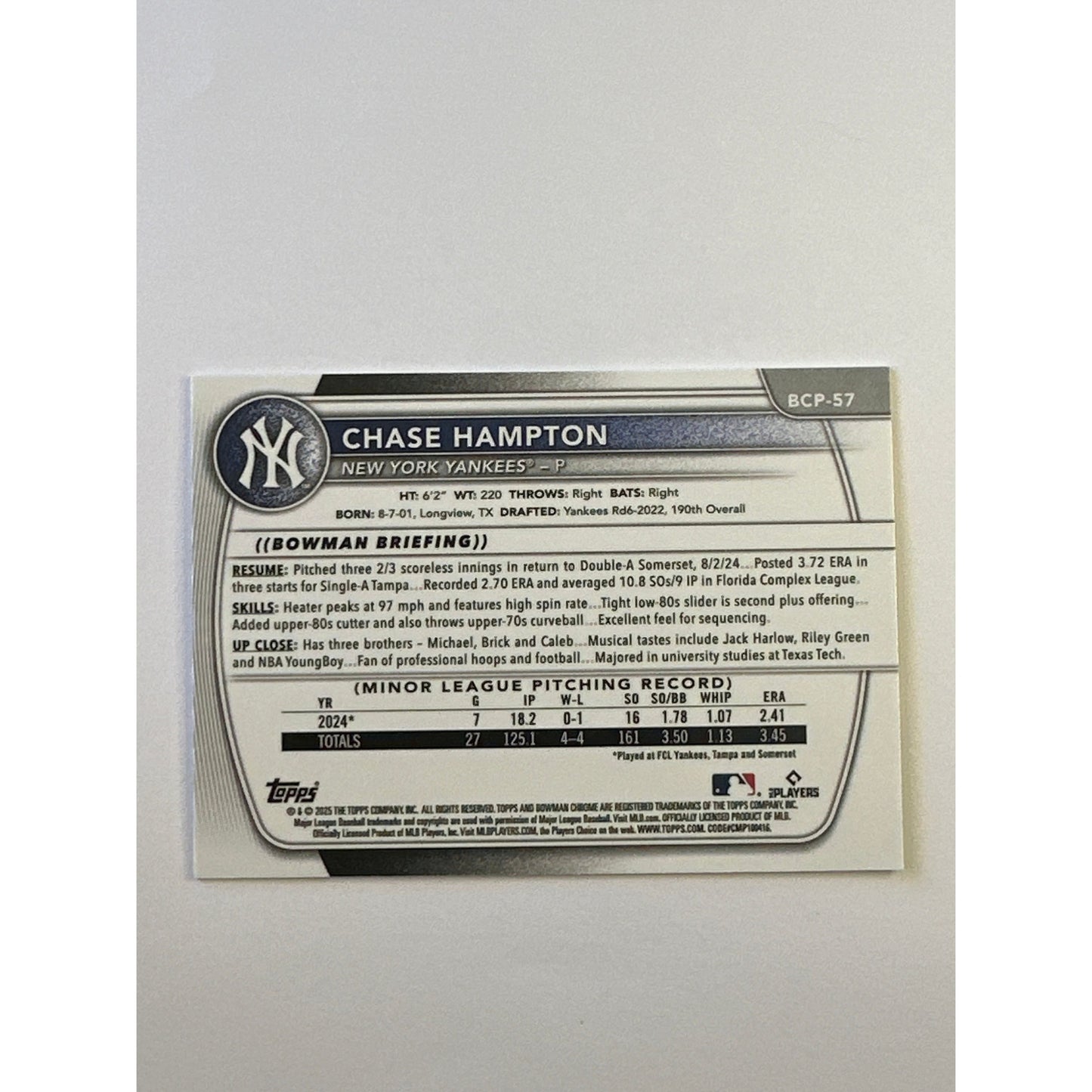 2025 Bowman Chrome Chase Hampton Bowman 1st Reptilian Refractor