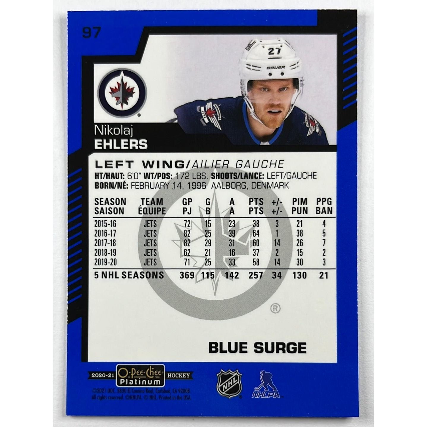 2020-21 O-Pee-Chee Platinum Nikolaj Ehlers Blue Surge