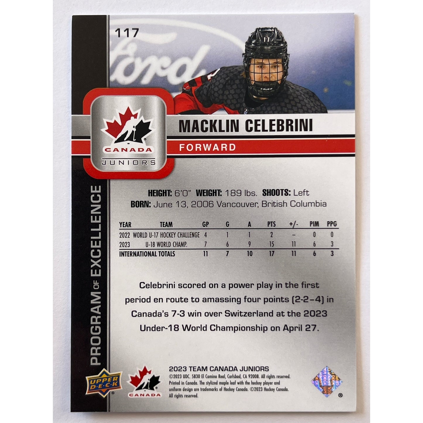2023 Team Canada Juniors Macklin Celebrini Program Of Excellence