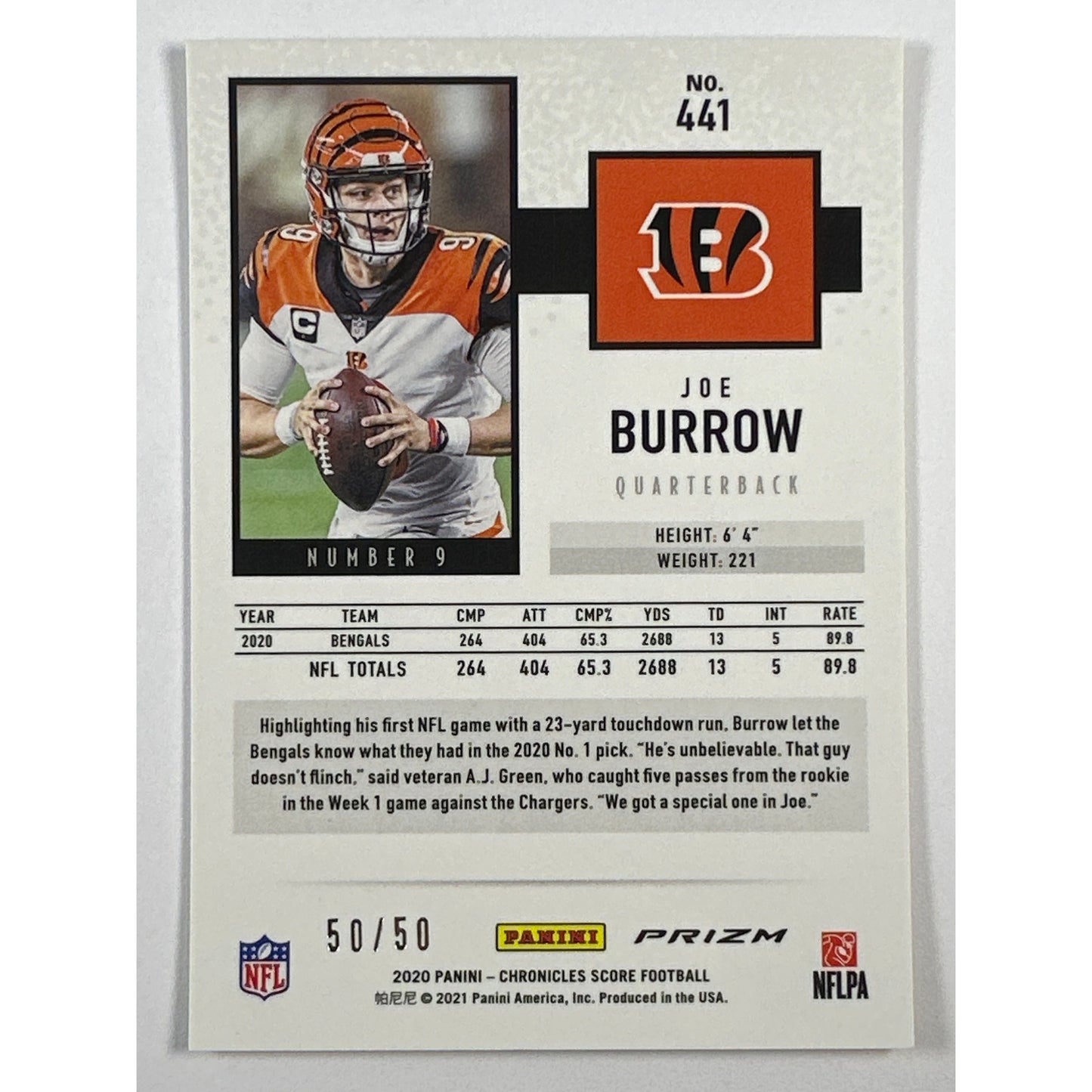 2020 Chronicles Score Joe Burrow Gold Zone Prizm RC 50/50 | Local Legends Cards & Collectibles