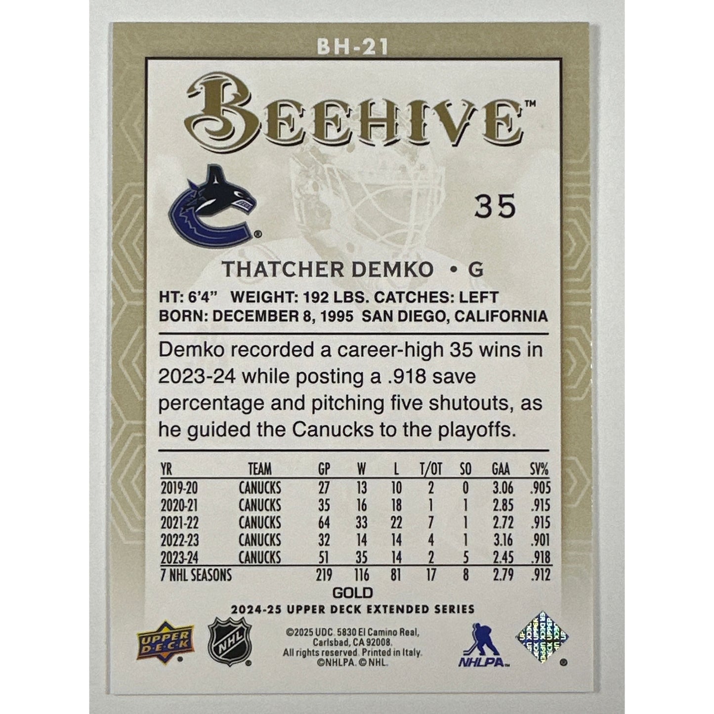 2024-25 Upper Deck Extended Series Thatcher Demko Bee Hive Gold Foil