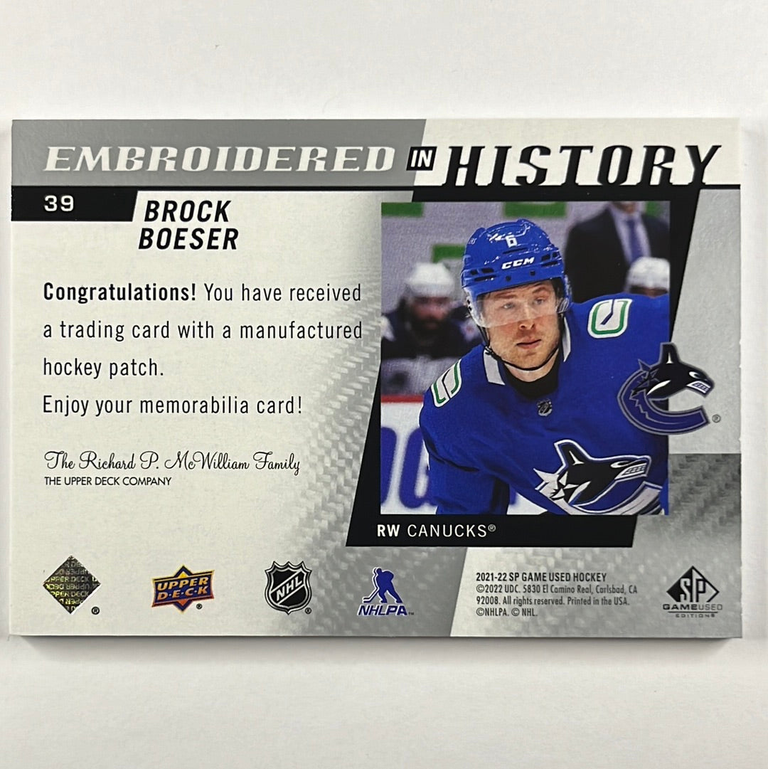 2021-22 SP Game Used Brock Boeser “The Flow” Embroidered In History