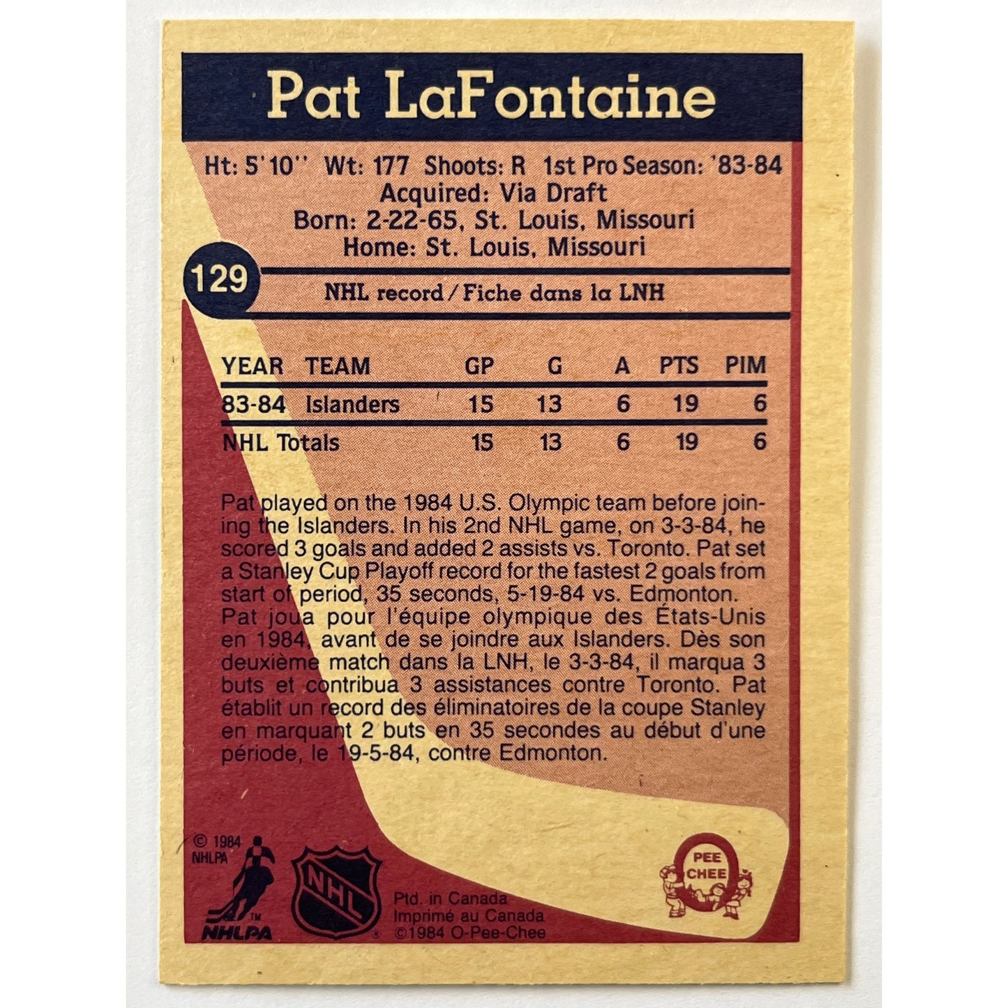 1984-85 O-Pee-Chee Pat Lafontaine RC | Local Legends Cards & Collectibles