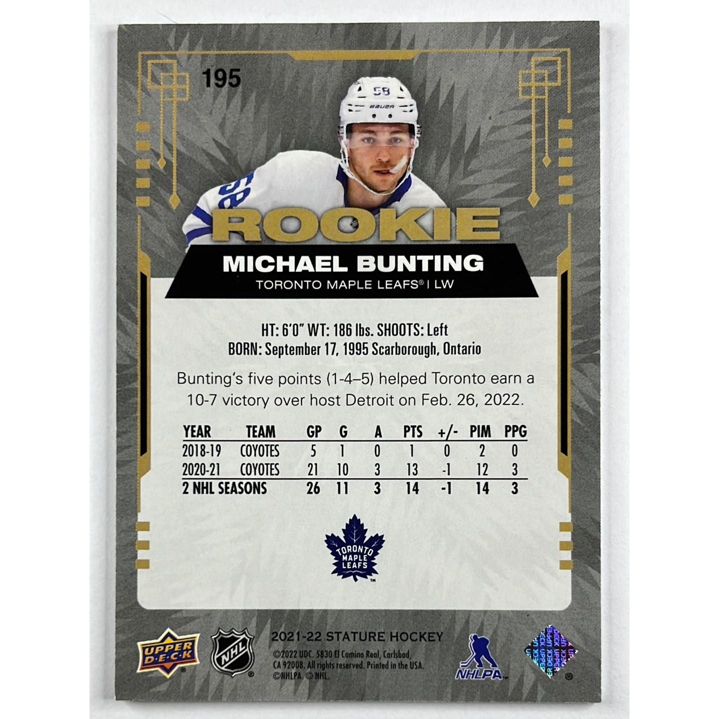 2021-22 Stature Michael Bunting Rookie 06/99 | Local Legends Cards & Collectibles