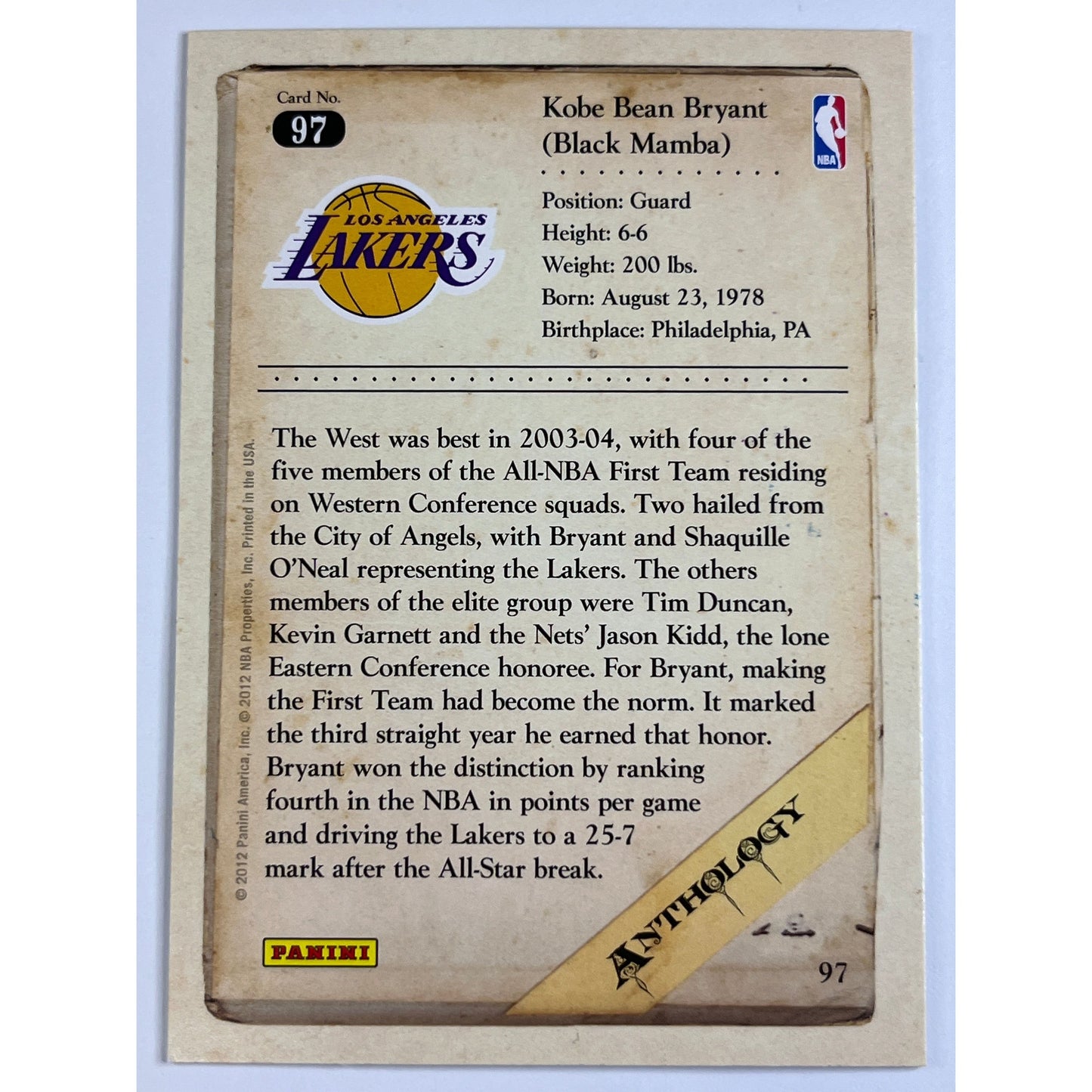 2012 Panini Anthology Kobe Bryant #97