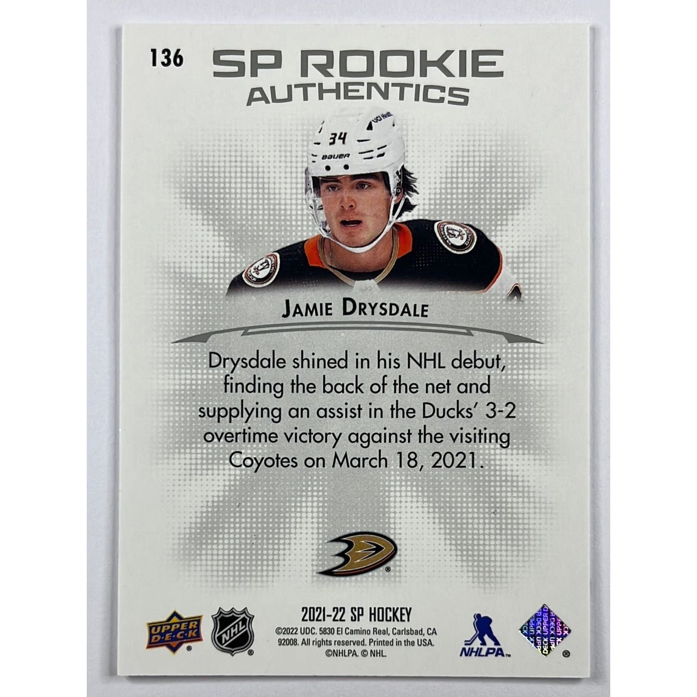 2021-22 SP Jamie Drysdale Rookie Authentics /599 | Local Legends Cards & Collectibles