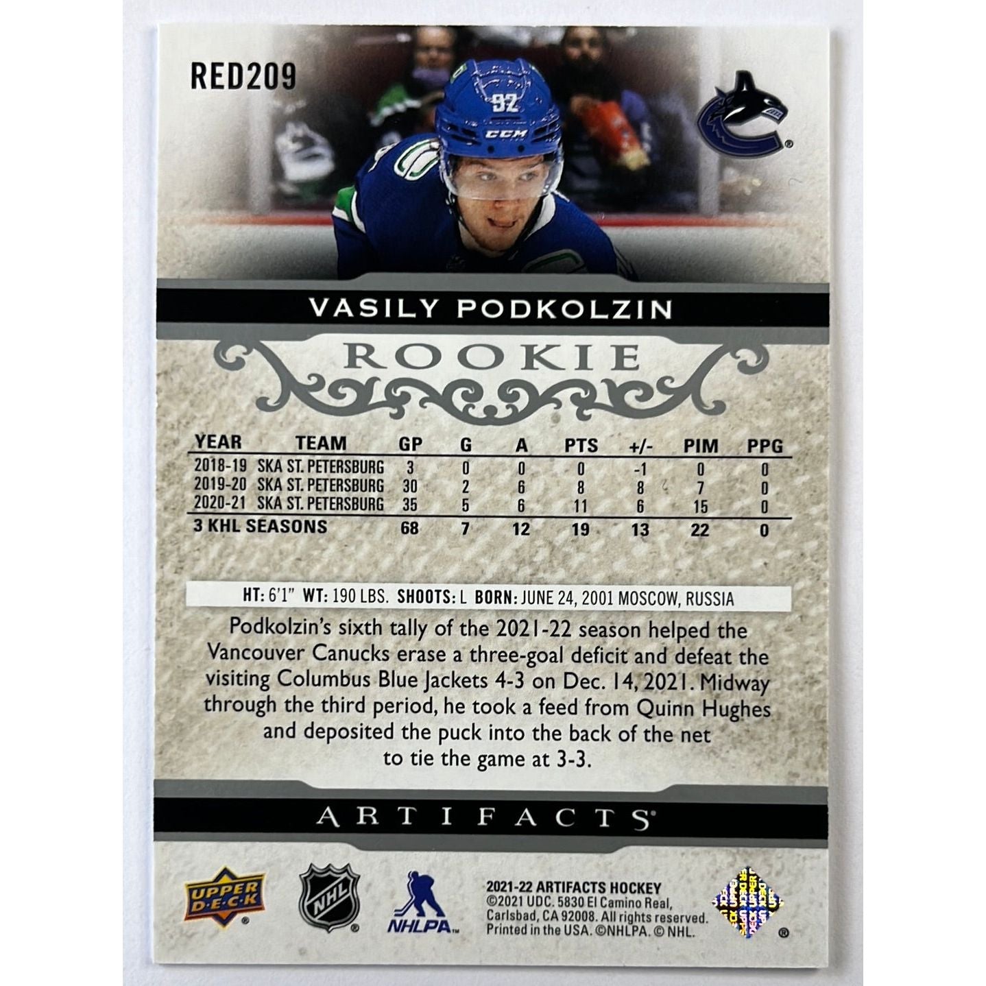 2021-22 Artifacts Vasily Podkolzin Rookie /999