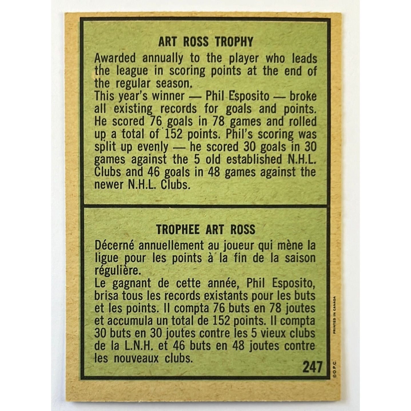 1971-72 O-Pee-Chee Phil Esposito Art Ross Trophy #247 | Local Legends Cards & Collectibles