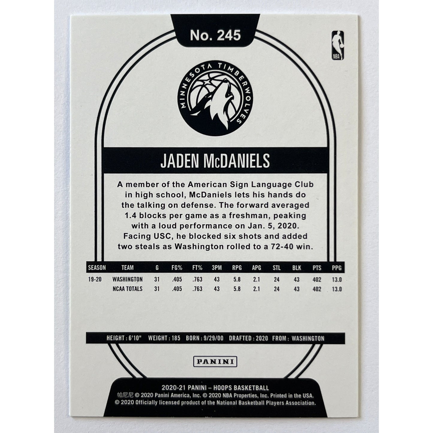 2020-21 Hoops Jaden McDaniels Yellow Flood RC