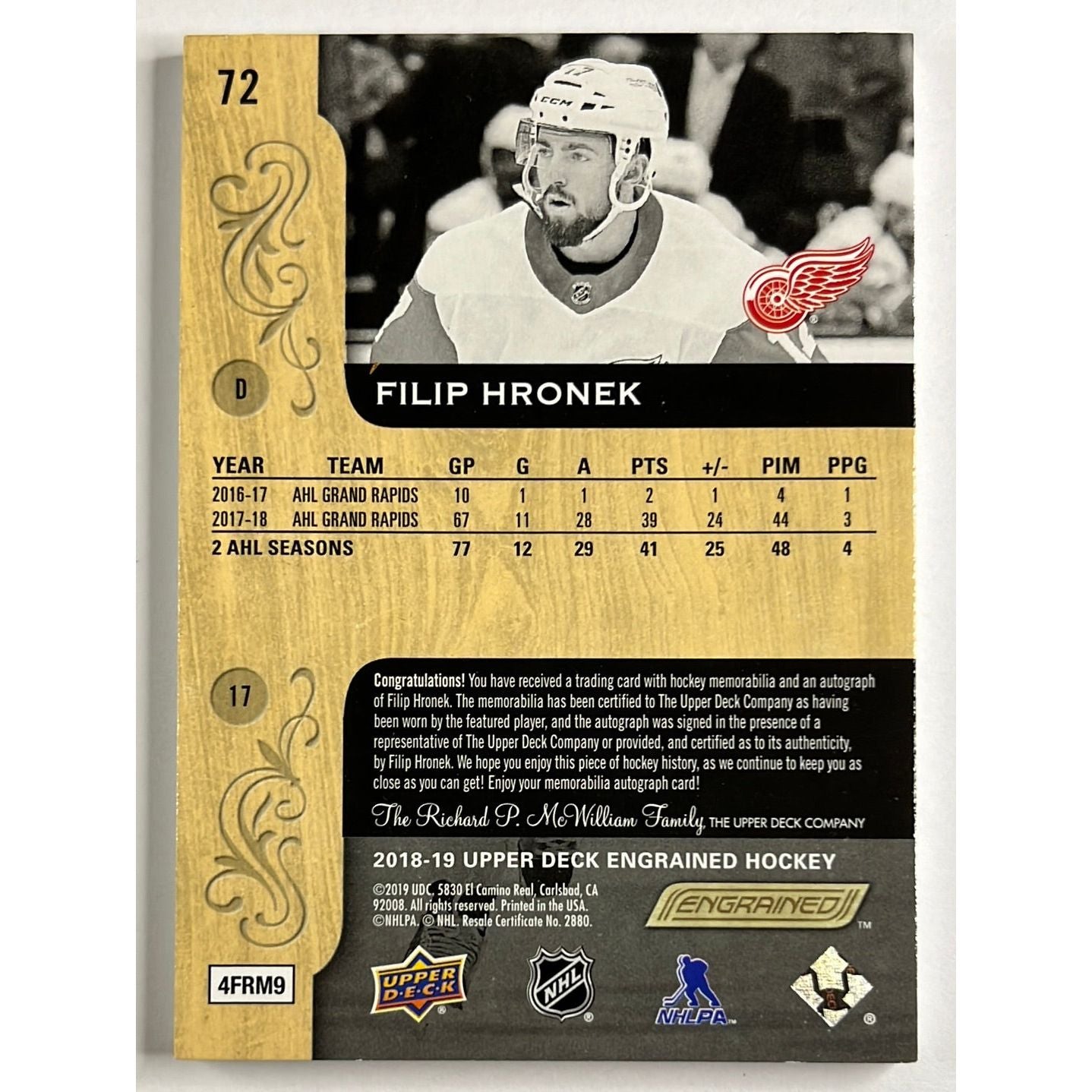 2018-19 Engrained Filip Hronek Wood Grain RPA /65 | Local Legends Cards & Collectibles