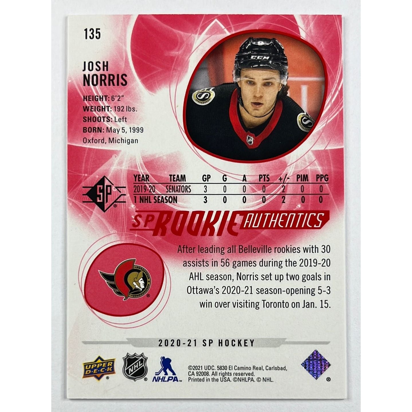 2020-21 SP Josh Norris Rookie Authentics Red /799 | Local Legends Cards & Collectibles