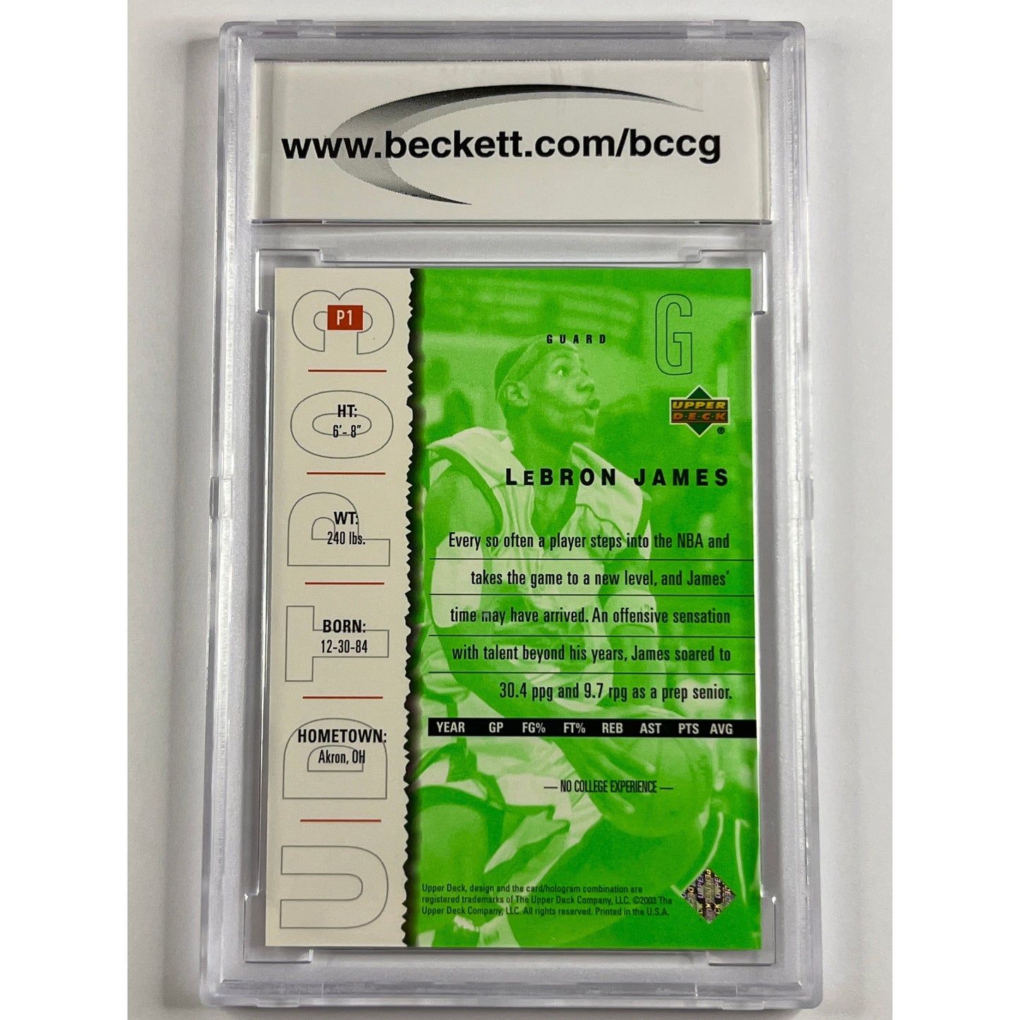 2003 Upper Deck Top Prospects LeBron James P1 UD Promo RC BCCG 10 MINT | Local Legends Cards & Collectibles